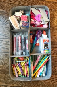 Organize kids craft supplies with a divided caddy #organization #kidsart #artsupplies