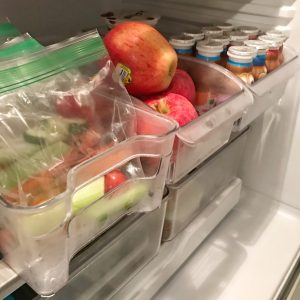Keep pull out drawers accessible for kids for school lunch prep #refrigeratororganization #fridgestorage #organizationtips