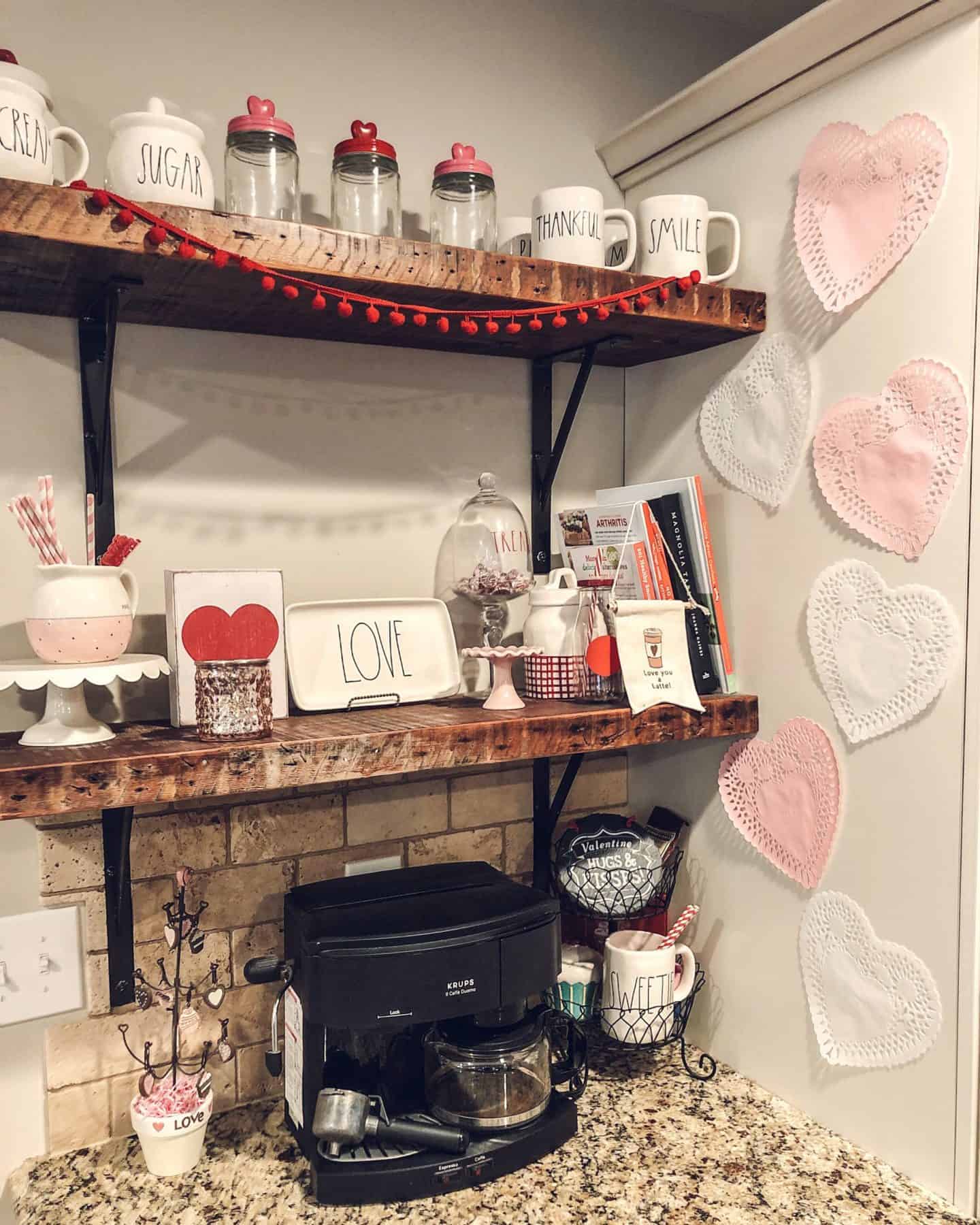 Valentine's Day Farmhouse Decor #coffeebar #farmhouseshelves #diyvalentinesdecor