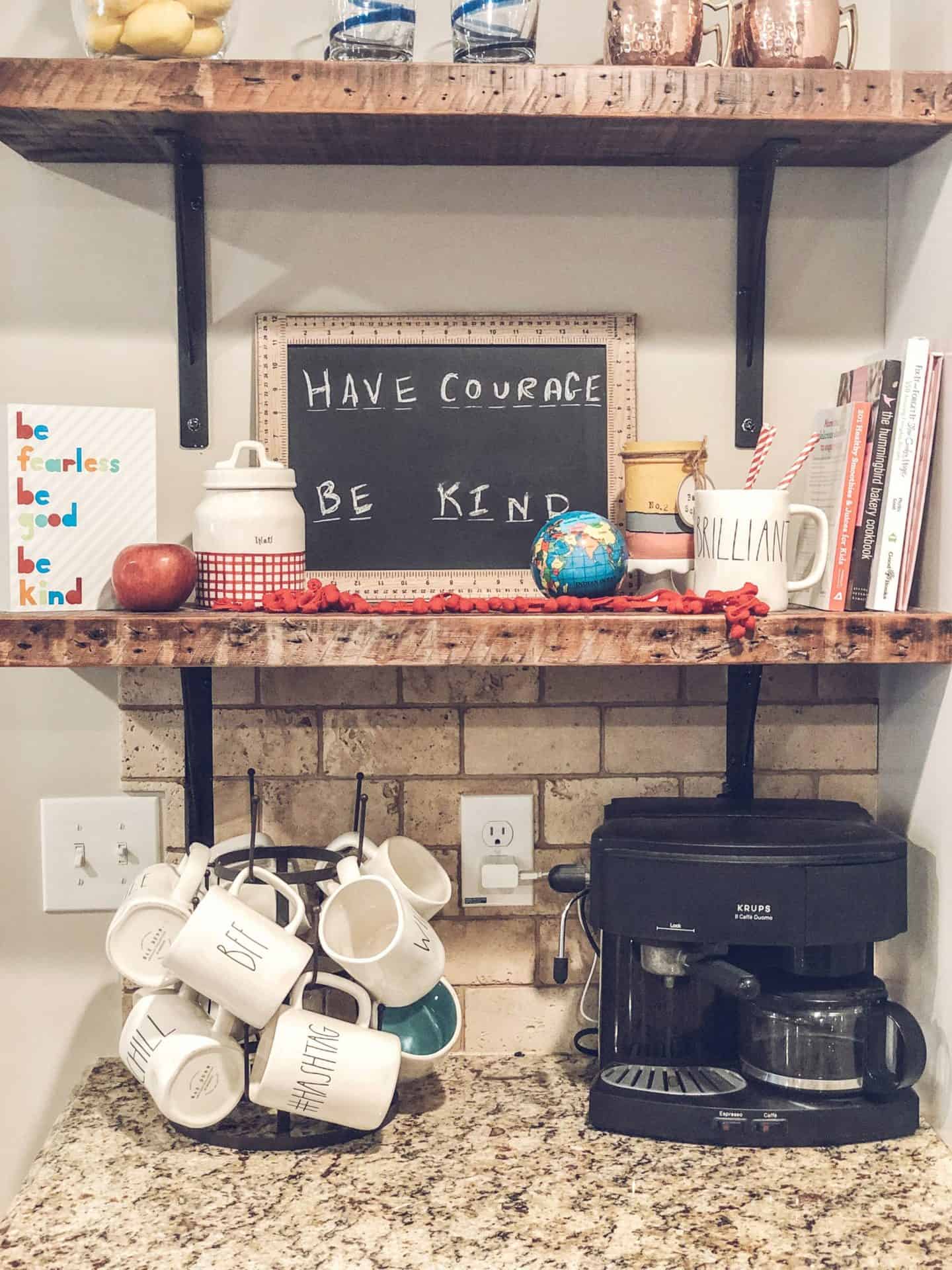 Back-to-School coffee bar inspiration #firstdayofschool #falldecorating #kitchenshelves