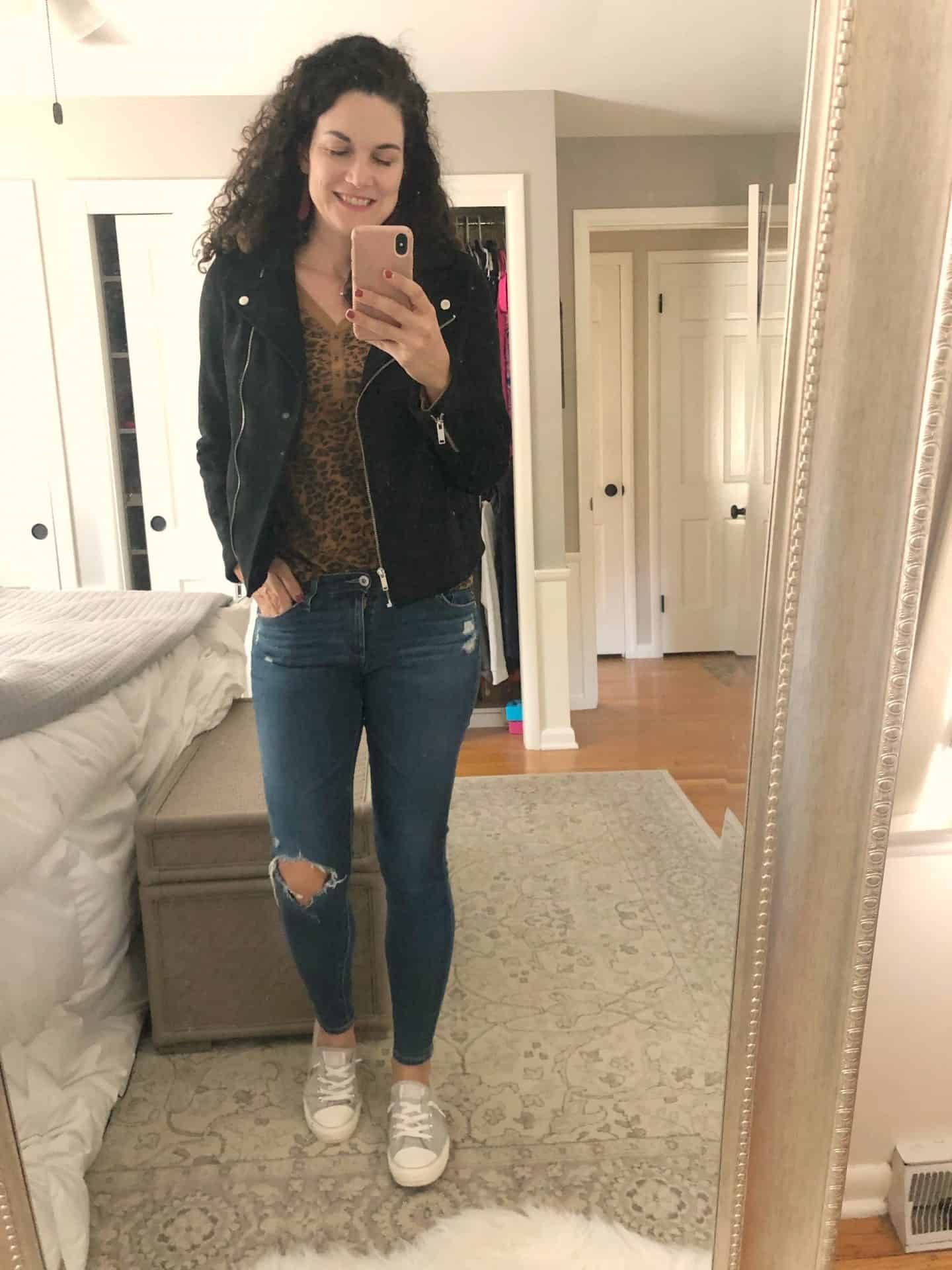 Leopard print henley and moto jacket