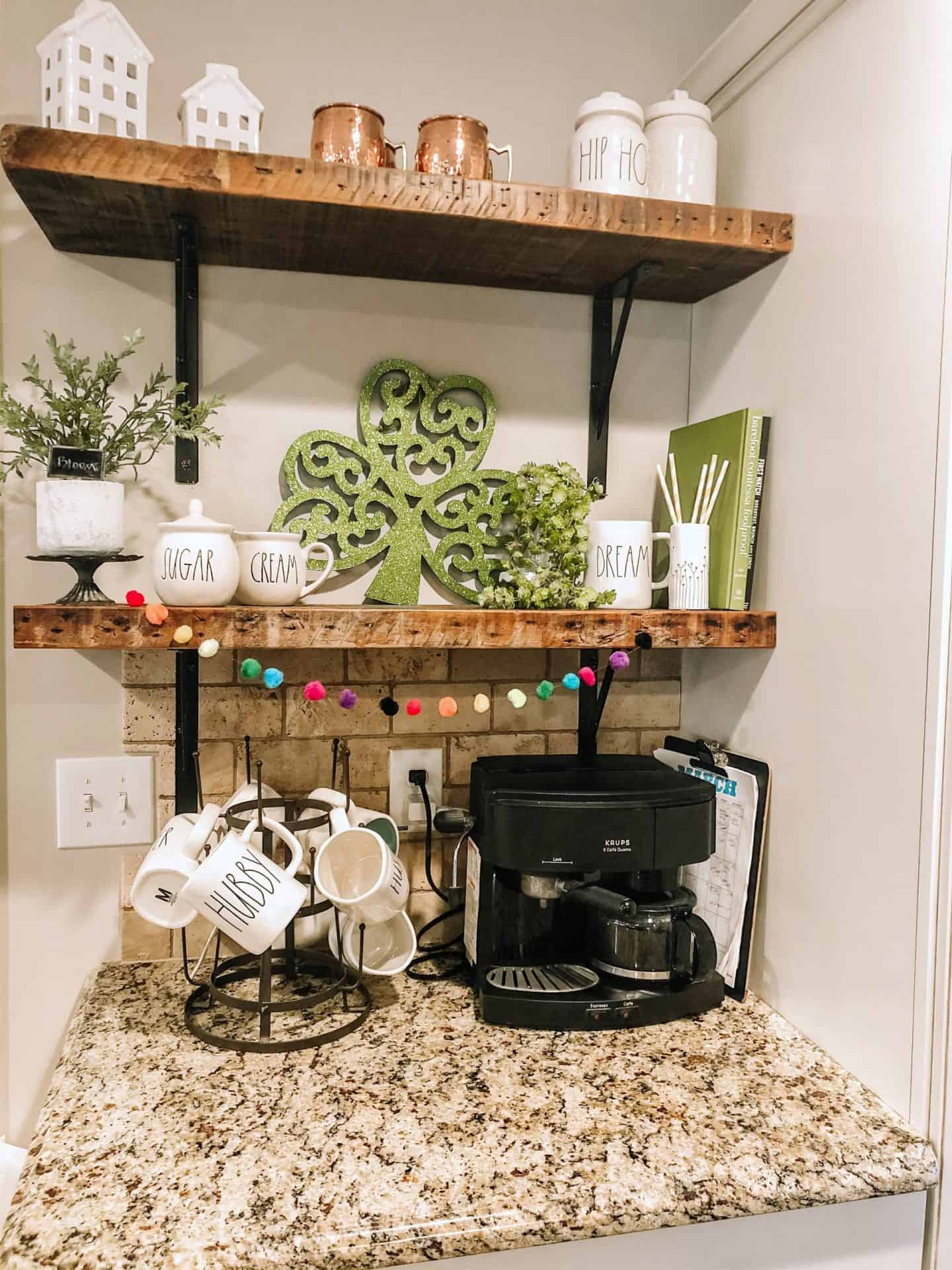 St. Patrick's Day Decor #coffeebar #coffeestation #openshelves